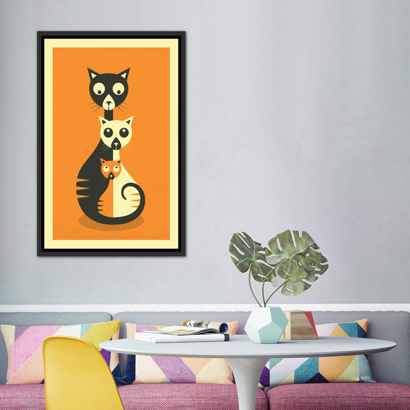 Décoration murale chats assis, H 60 po x l 40po x P 1,5 po, Toile avec cadre noir