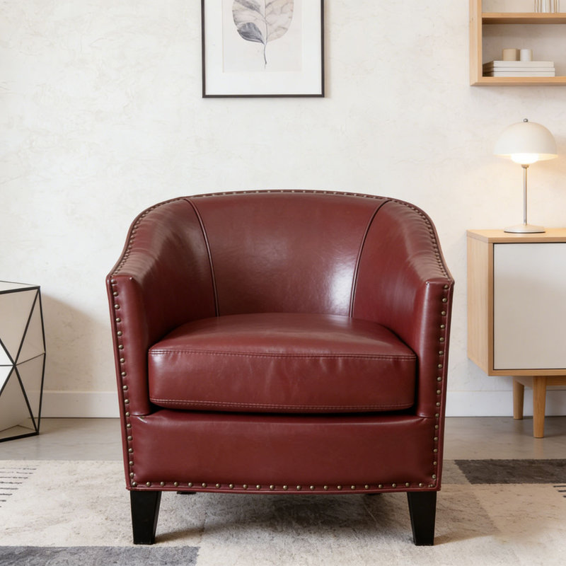 Fauteuil demi-tonneau rembourré à rayures, Polyuréthane rouge