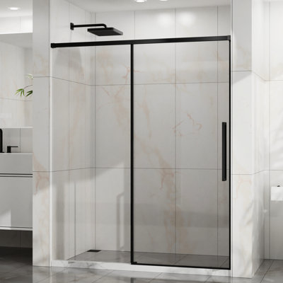 Porte de douche semi-coulissante l 60 po x H 72 po, verre trempé transparent de 1/4 po (6 mm) d'épaisseur avec revêtement facile à nettoyer, quincaillerie en acier inoxydable, finition noir mat, largeur réglable de 56 po à 60 po, conception réversible pour