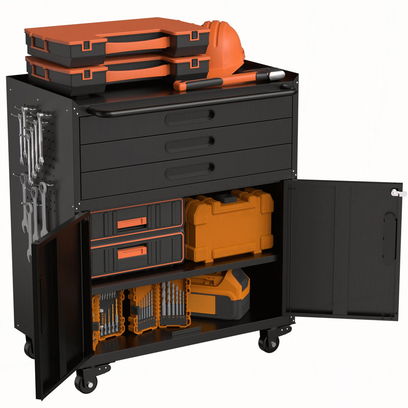 Armoire à outils roulante avec portes verrouillables, 3 tiroirs et poste de travail mobile