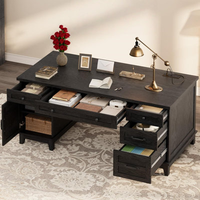 60" Wooden Home Office Desk with File Drawers, Executive Desk with Adjustable Cabinet