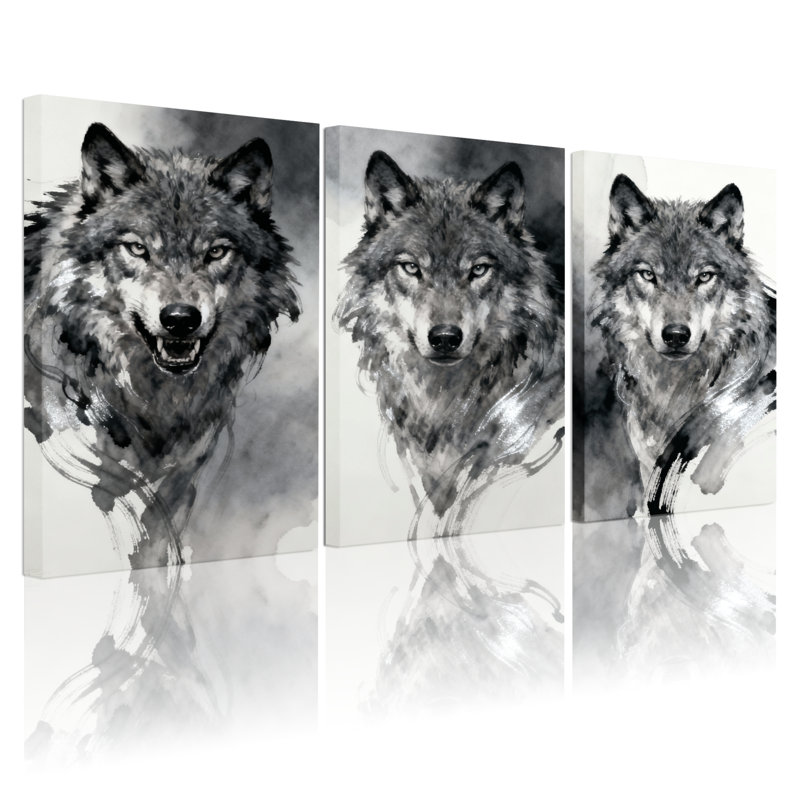 «Animals Wolf Portrait Art», ensemble de 3 reproductions d'art sur toile, H 18 po x l 36 po