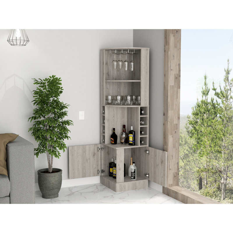 8 Capacity Gray Beverage Cabinet With Decorative Shelf Drink Extra Display For Beverages