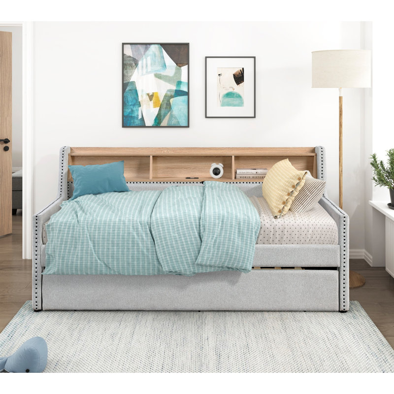 1Pc Light Gray Daybed With Pull-Out Trundle Bookcase Side Panel Charging Ports Nailhead Trim Modern Design Furniture