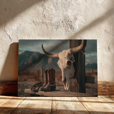 Longhorn Skull & Cowboy Boots Canvas Art â€“ Rustic Texas Ranch Decor