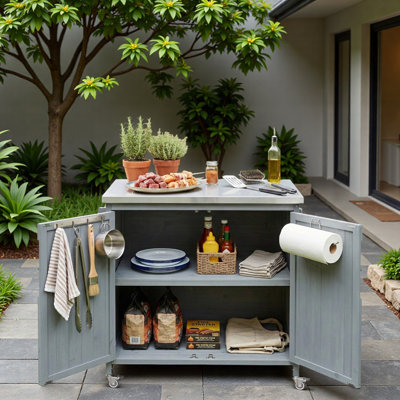 Îlot de cuisine extérieur avec tablette latérale, armoire de rangement, plateau en acier inoxydable, tablette réglable et 4 roulettes
