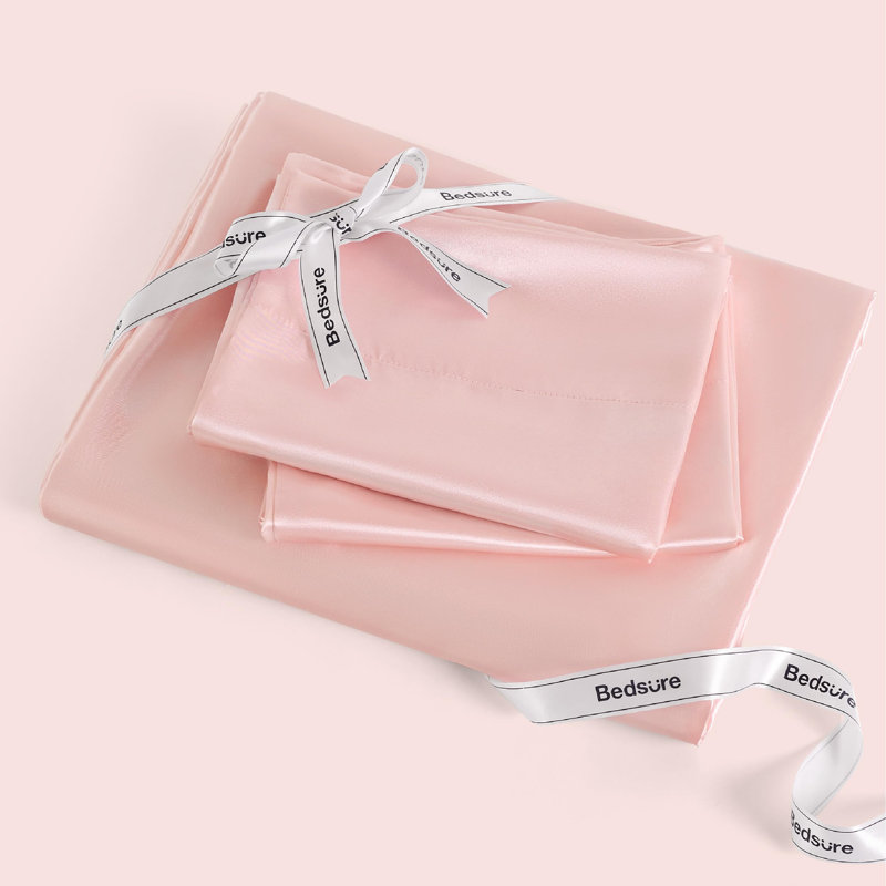 Bedsure Satin Sheets Queen Size–4 Piece Silky Bed Set, 15" Deep Pocket Fitted Sheet, Flat Sheet & 2 Pillowcases, Buttery-Smooth, Good for Hair & Skin (Pink)