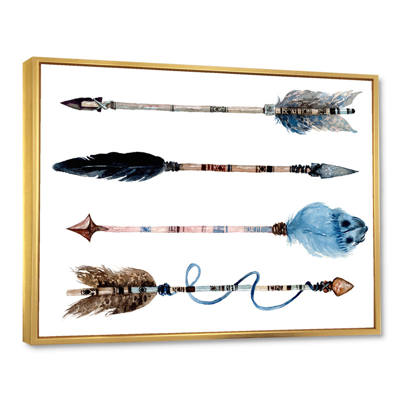 Plumes et fleurs sur des flèches indigènes - Peinture sur toile, H 16 po x l 32 po x p 1 po, Cadre flottant doré