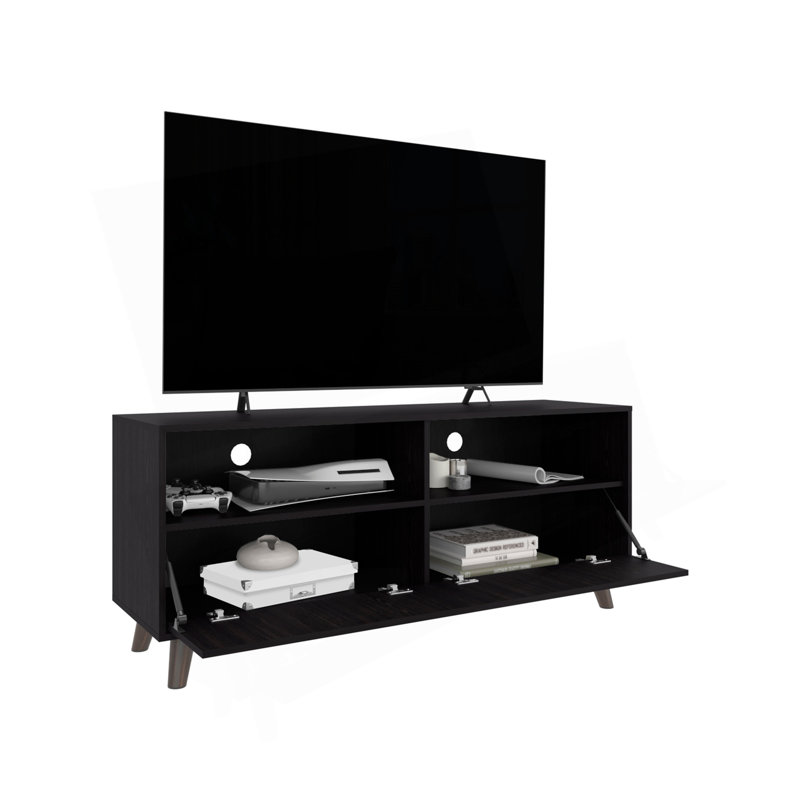 Meuble télé Patrick avec 2 portes et tablettes de rangement ouvertes, centre de divertissement moderne, noir
