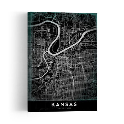 Kansas City Map Vintage Contemporary City Architecture Wall Art Print 1 Piece Wrapped Canvas Wall Art