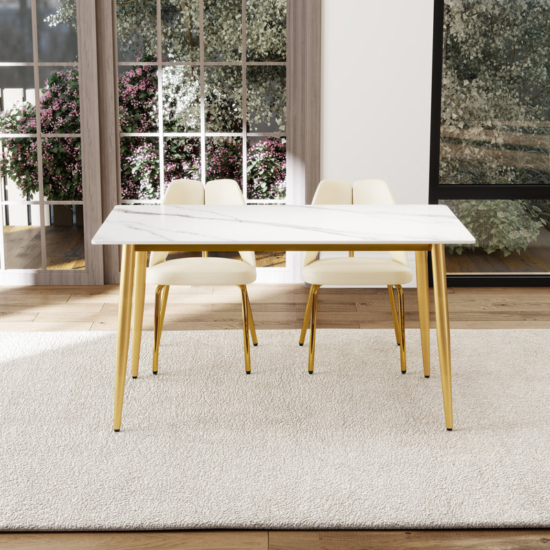 Table de salle à manger moderne à 4 pieds avec plateau en pierre frittée, Blanc / Doré