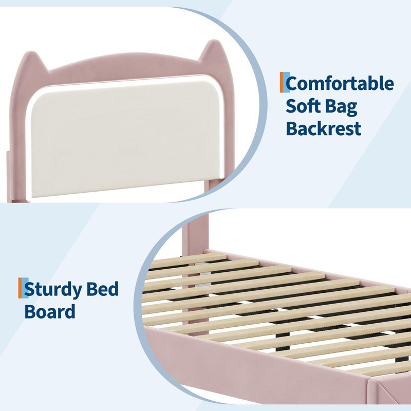 Cadre de lit pour enfants avec tiroir de rangement et tête de lit pour chat, cadre de lit plateforme tapissier avec support de lattes en bois robuste, aucun sommier nécessaire, assemblage facile, rose et blanc