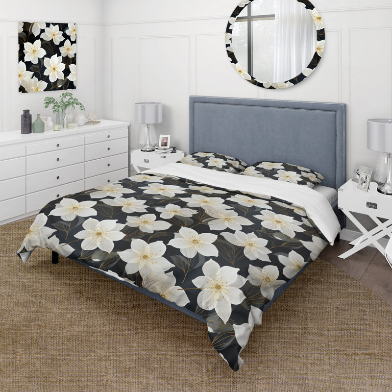 Ensemble de housse de couette à motif floral noir et ivoire II, Housse de couette simple + 1 taie décorative stan