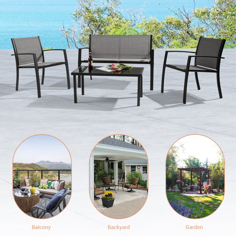 4 Pcs All-Weather Patio Furniture, Modern PVC-Coated Polyester Bistro Sets Poolside Lawn Balcony Chairs With Loveseat And Glass Coffee Table