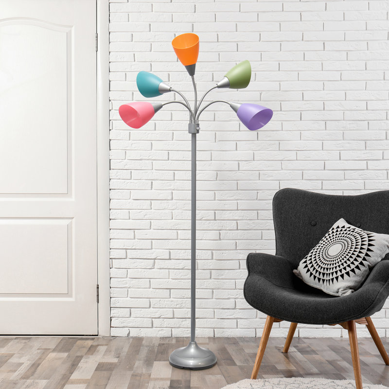 Simple Designs 67" Contemporary Multi Head Medusa 5 Light Adjustable Gooseneck w/ Multicoloured Shade, Silver