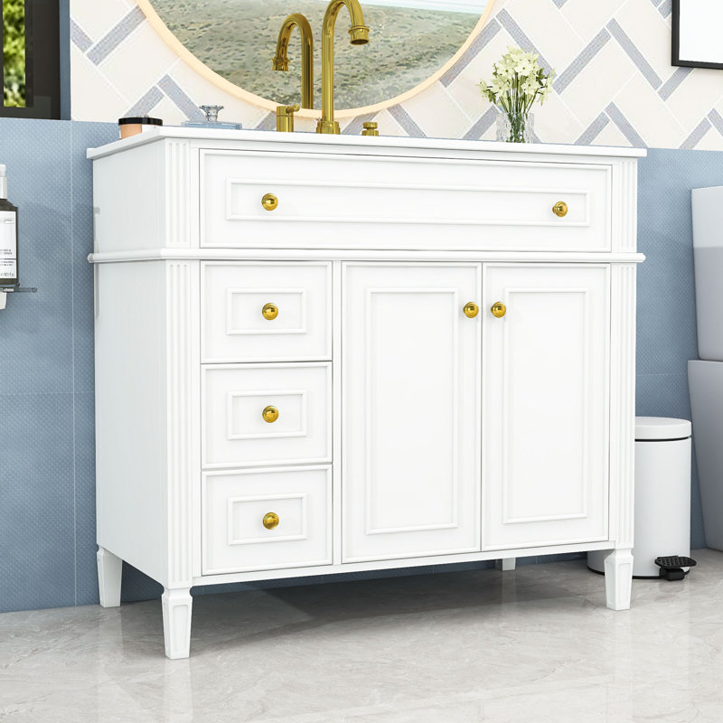 Meuble-lavabo de salle de bain avec lavabo en céramique, 3 tiroirs et armoire de rangement à fermeture en douceur, Blanc