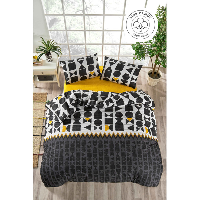 XXL Cotton Ranforce Quilt Cover Set, Black & Yellow & White, 61.0 x 86.6 inches | 100% Cotton, Machine Washable, 132 Thread Count | Includes 1 Envelope Pillowcase (31.5 x 31.5 inches) | Stylish & Comfortable Bedding
