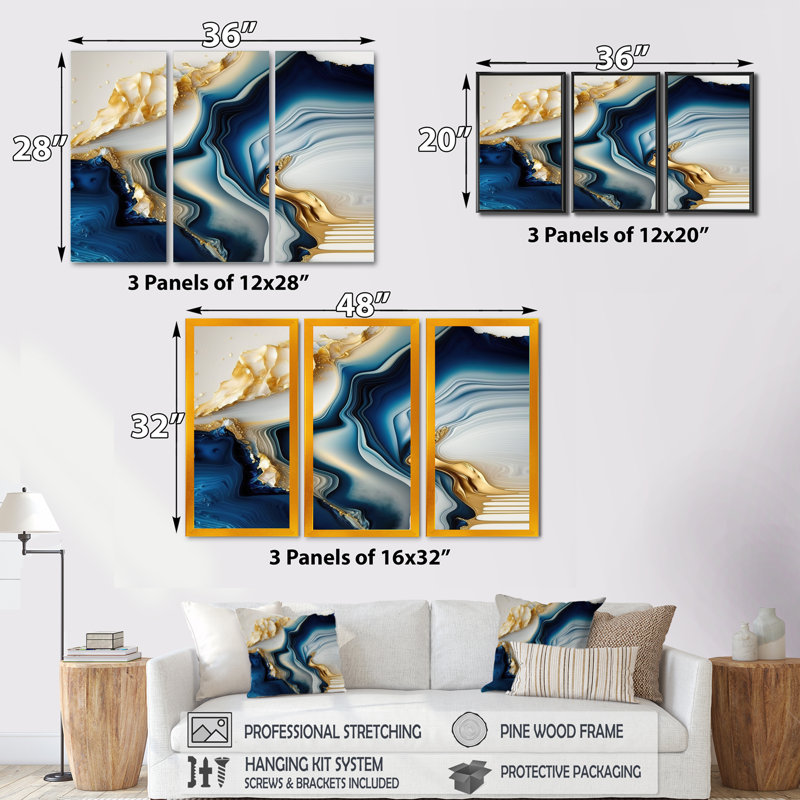 «Abstract Geode Gold and Blue Marble II», reproduction sur toile 3 pièces, H 32 po x l 48 po x P 1 po, Toile tendue
