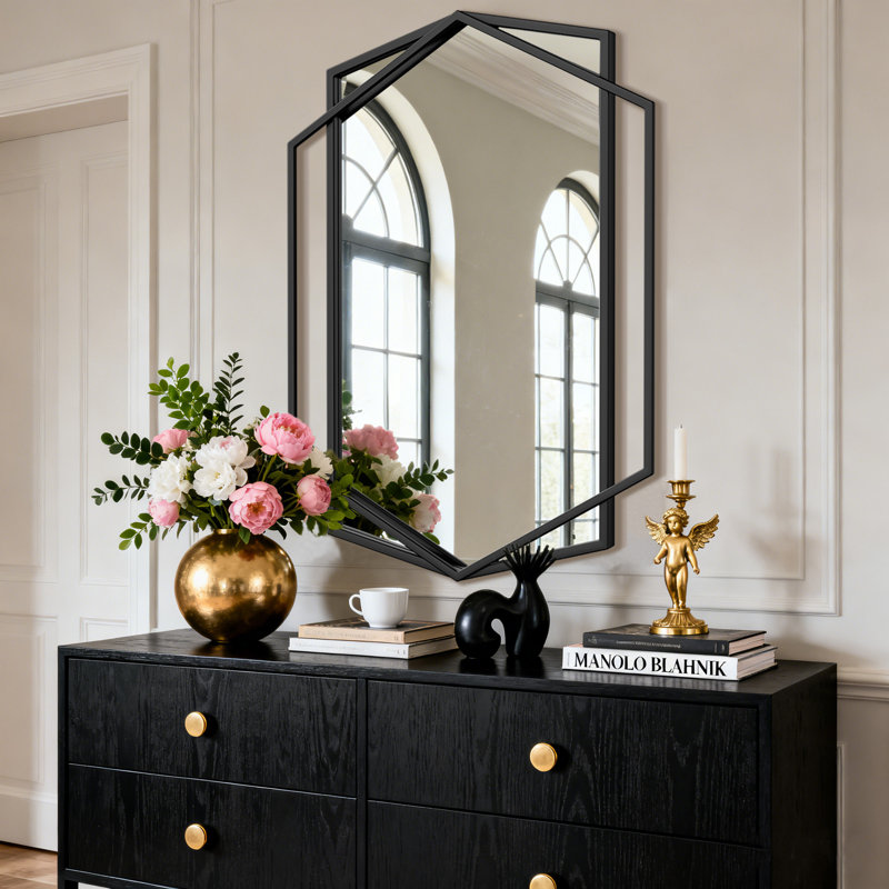 Hexagon Black Metal Framed Wall Mirror, Geometric Bathroom Vanity Mirror for Over Sink, Horizontal or Vertical Hanging Accent Mirror for Entryway, Bedroom & Living Room