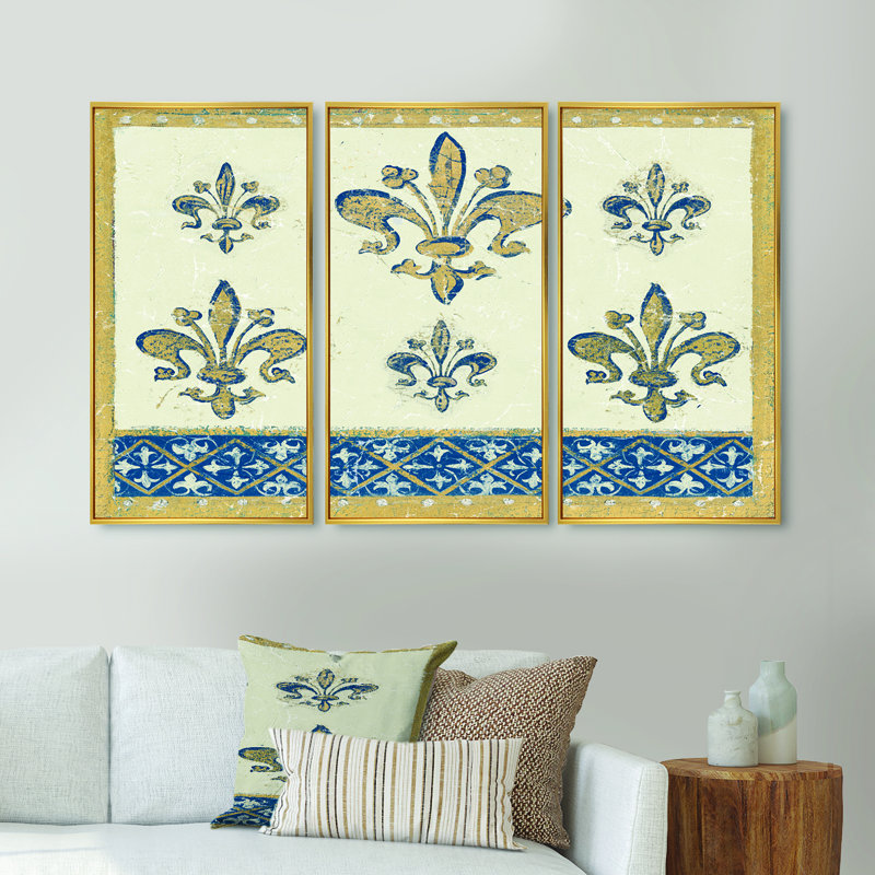 Fleur de lis, motif doré - ensemble d'art mural sur toile traditionnel encadré de 3, H 20 po x l 36 po x P 1 po, Or