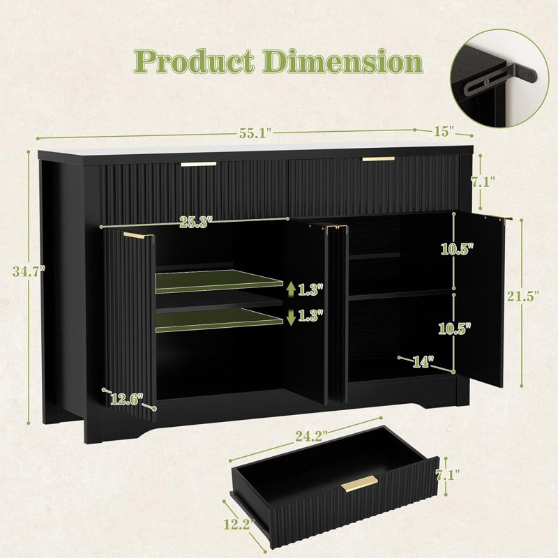 55" Buffet Cabinet with Storage, Drawers, and Adjustable Shelves, Black