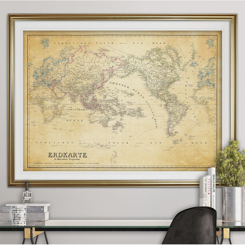Carte du monde rétro «Parchement», reproduction d'art graphique encadrée, Cadre doré, H 28 po x l 38 po x P 1,5 po