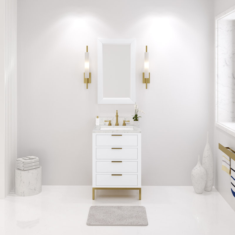 Bristol 24" Carrara White Marble Countertop Bath Vanity with Mirror, Pure White, Mirror Included
