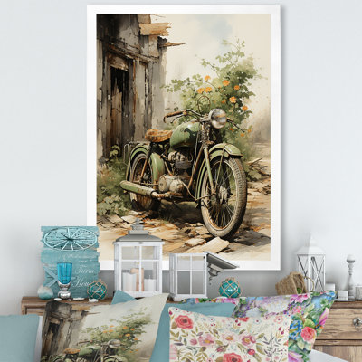 Olive, sortie, moto rétro, vélo, art mural, salon
