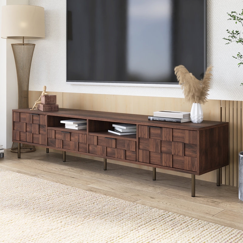 Meuble télé en bois Mid-Century pour téléviseur de 85 po ou moins, Marron foncé
