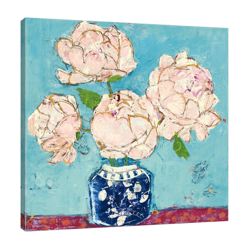 "Vase de pivoines turquoise", toile tendue par Kellie Day, H 48 po x l 48 po x P 1,5 po