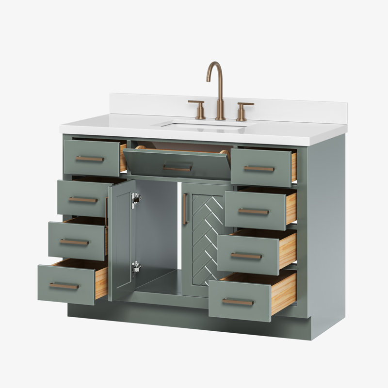 Ensemble de meuble-lavabo simple en bois massif 48 po avec lavabo en quartz blanc 1,5 po Tidworth, Forme rectangulaire