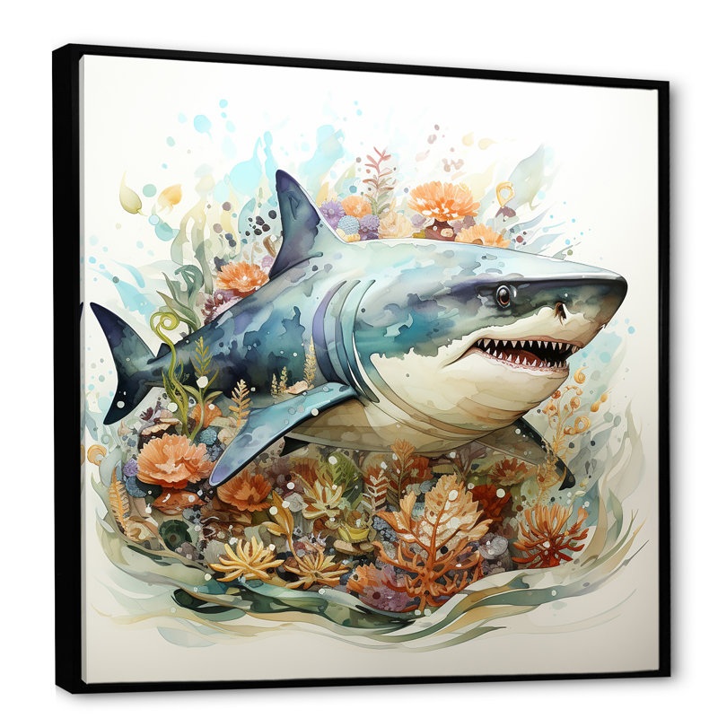 Curious Shark Ocean Blooms I - Shark Wall Art, Black Floater Framed, 30" H x 30" W x 1.5" D