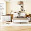 Ensemble de chambre à coucher 3 pièces avec lit plateforme grande ferme avec tête de lit double à porte coulissante, table de chevet et commode, blanc et brun