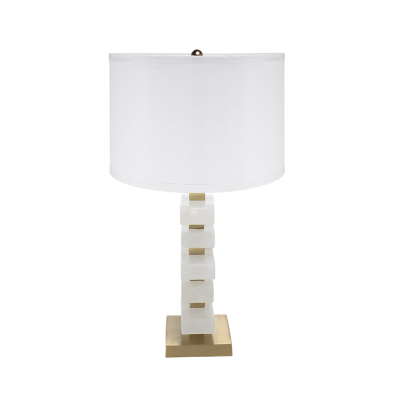 Lampe de table moderne en albâtre, lampe de table blanche et dorée de 26,7 pouces avec abat-jour tambour en tissu pour le salon et la chambre à coucher