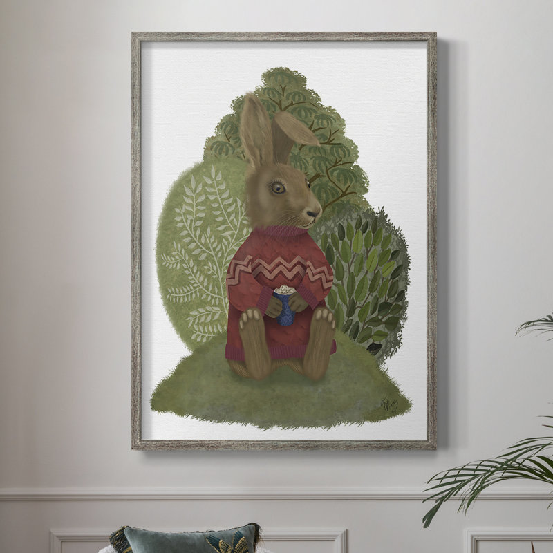 Lapin latte dans un chandail, reproduction encadrée - bois massif, H 15 po x l 12 po