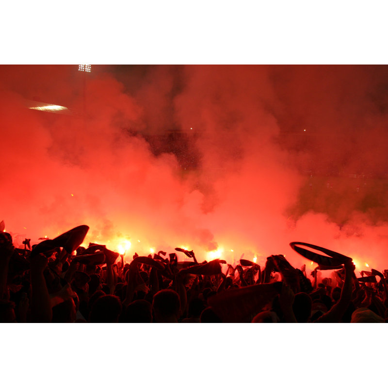 Crowd of People Celebrating with Smoke and Lights by Domd, 12" H x 18" W