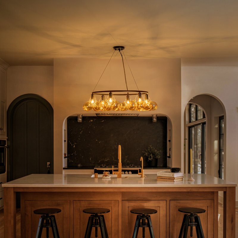 Lustre moderne à 6 lumières avec globes en verre ambré Linebeautorable, hauteur réglable de 19,7 à 84,7 po, structure en métal noir mat, base E12 pour îlot de cuisine de salle à manger