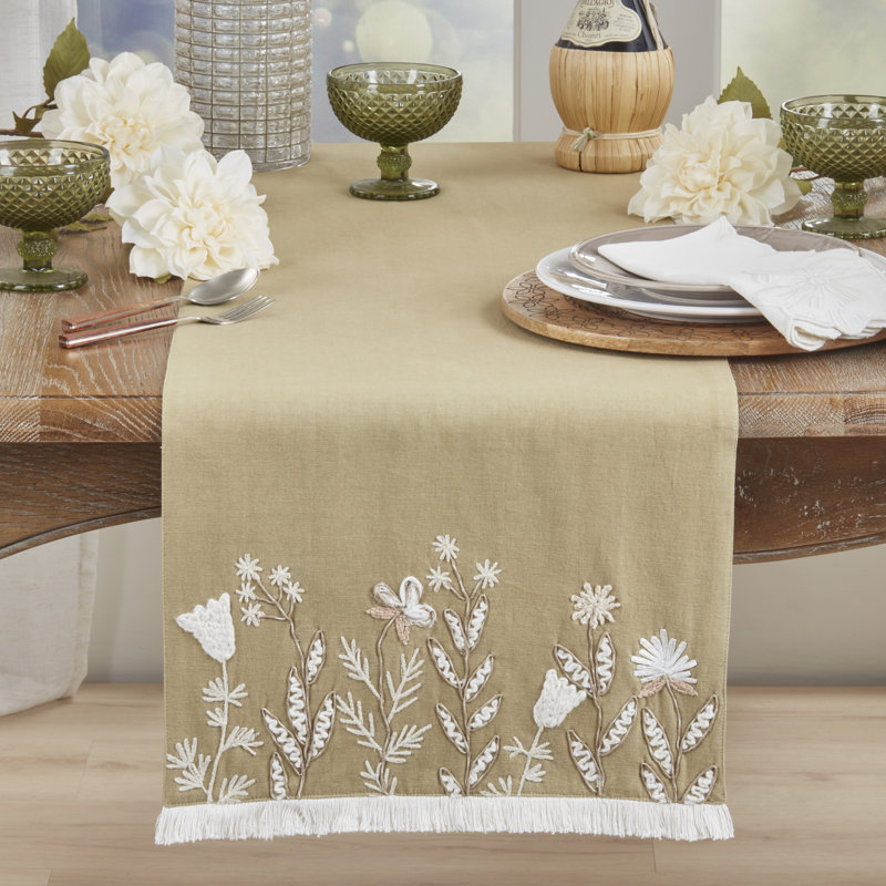 Embroidered Meadow Table Runner – Lined Decorative Table Runner with Fringe for Dining & Console Tables, 16"x72", Green
