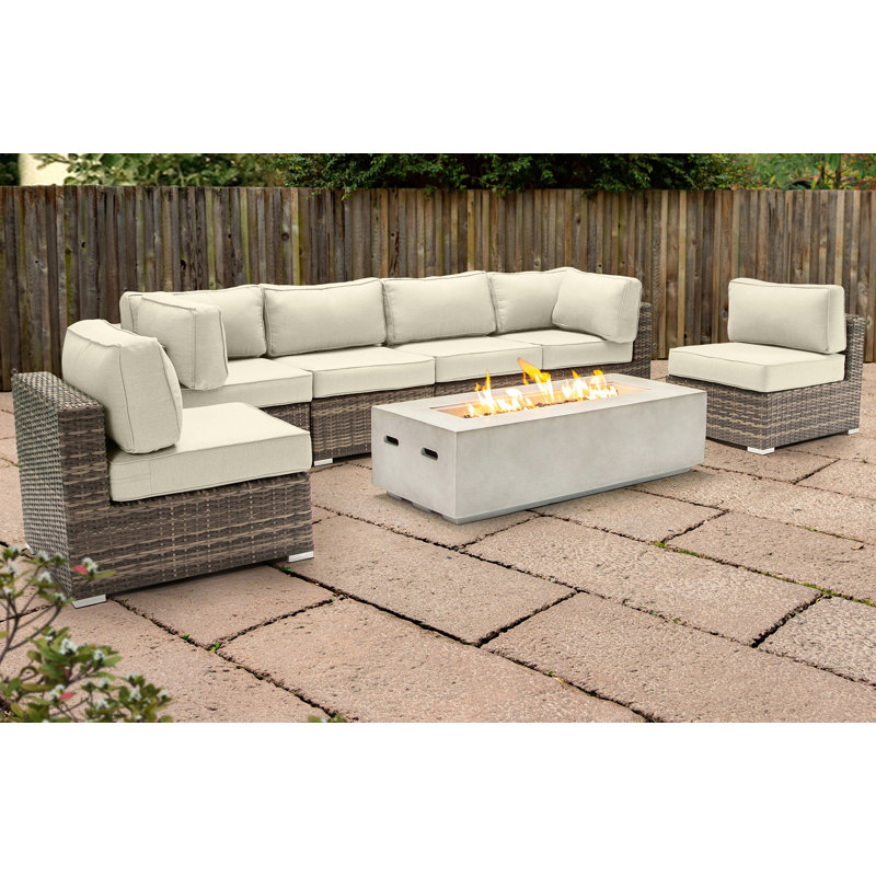 Lsi Fully Assembled 6 Person Seating Group With Firepit And Sunbrella Cushions, Sunbrella Canvas