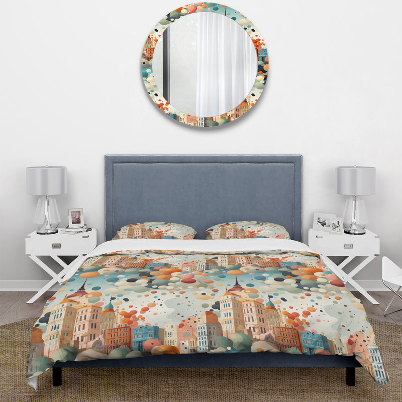 Ensemble de housse de couette à motif architectural à pois III, Housse de couette simple + 1 taie décorative stan