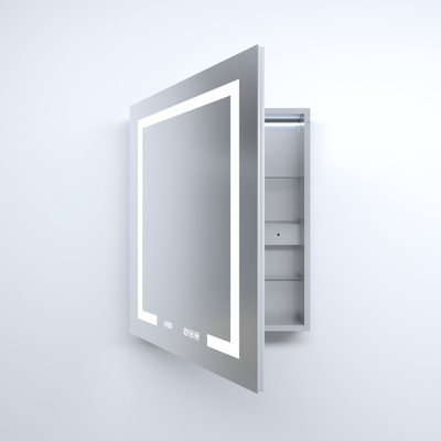 24 In. W X 30 In. H Rectangular Silver Aluminum Recessed/Surface Mount Left Medicine Cabinet With Mirror LED And Clock