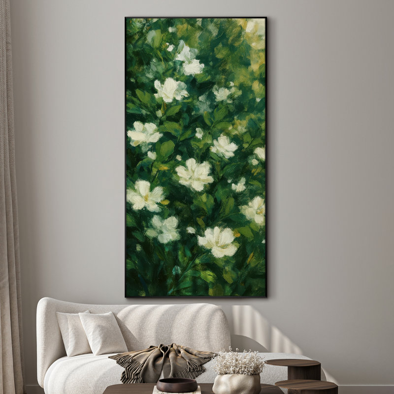 Très grande impression murale de jardin floral - fleurs blanches et feuilles vertes, décoration botanique pour le salon ou la chambre à coucher, assemblage requis