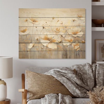 Bouton d'or blanc sur simplicité beige I - Art mural en bois sur bois de pin naturel