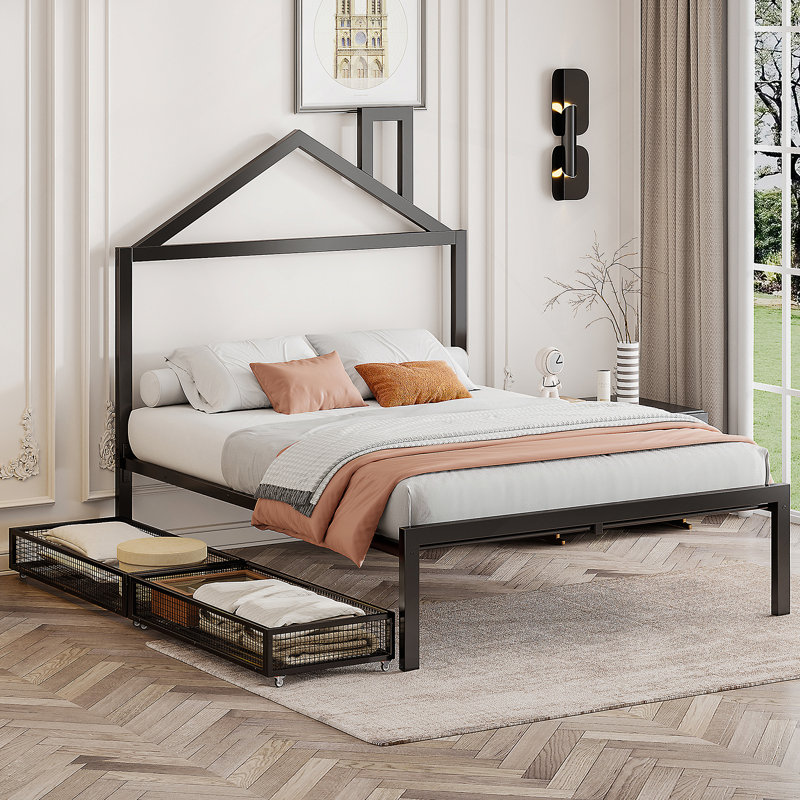 Anvitha Metal Platform Bed with two drawers,House-Shaped Headboard Design, Twin, Pink