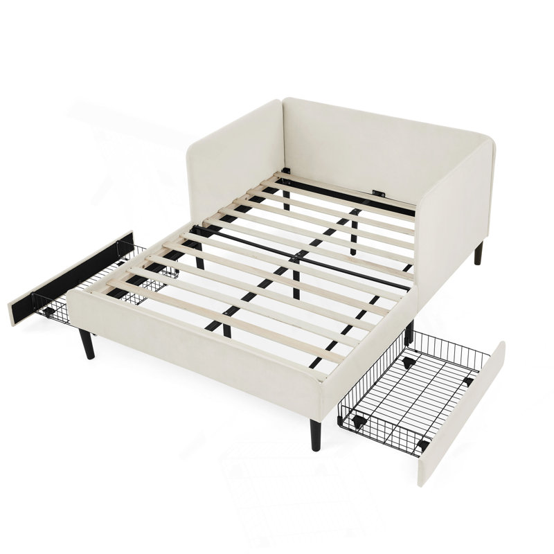 Structure de lit double tapissier pleine grandeur avec 2 tiroirs de rangement, canapé-lit réglable en velours, beige