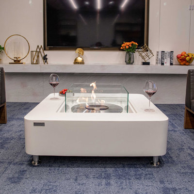 Table de foyer d'extérieur en béton au bioéthanol H 14 po x l 40 po avec pare-brise et couvercle Envelor