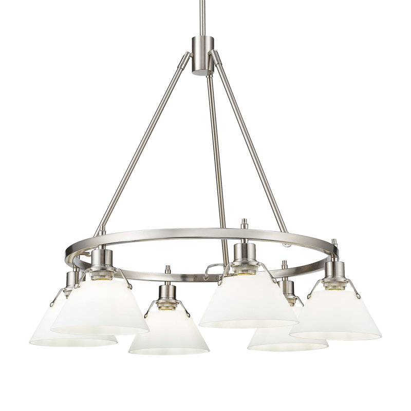 Felda 6 - Light Steel Dimmable Cone Chandelier, Opal Glass, Pewter