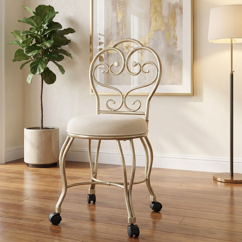 Elegant Silver 18" Small Vanity Stool with Smooth Rolling Casters and Plush Cushion, Silver