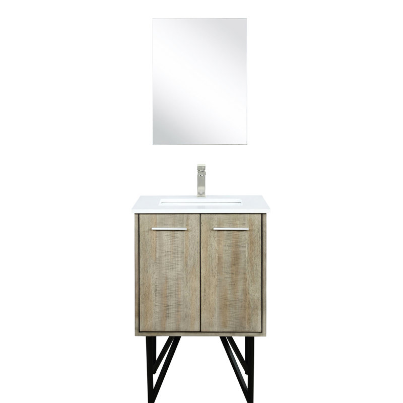 Meuble-lavabo rustique 24 po Large avec comptoir en quartz blanc, enseigne de robinet en nickel brossé et miroir de salle de bain en forme de l 18 po x P 20 po.