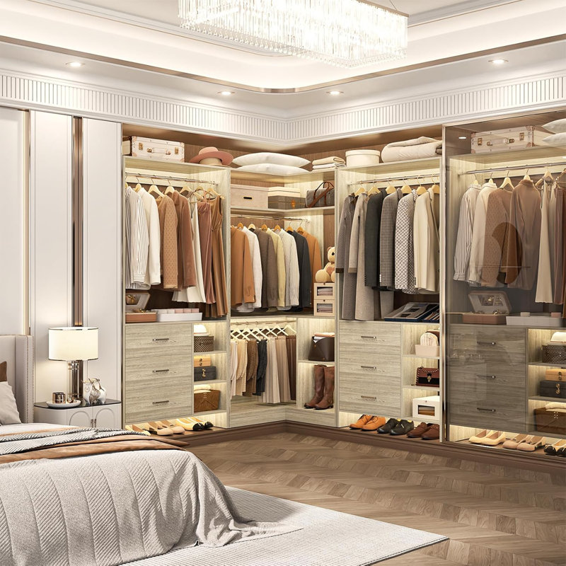 61'' - 92.6''  W Closet System with Wooden Drawers and Hanging Rods, White Oak